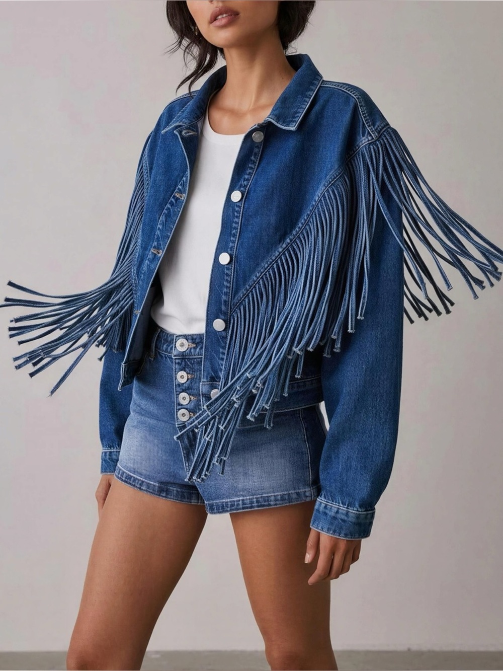 ALLSAINTS Marlene Fringe Tassel Denim Jacket, Dark Indigo, FR40/US8